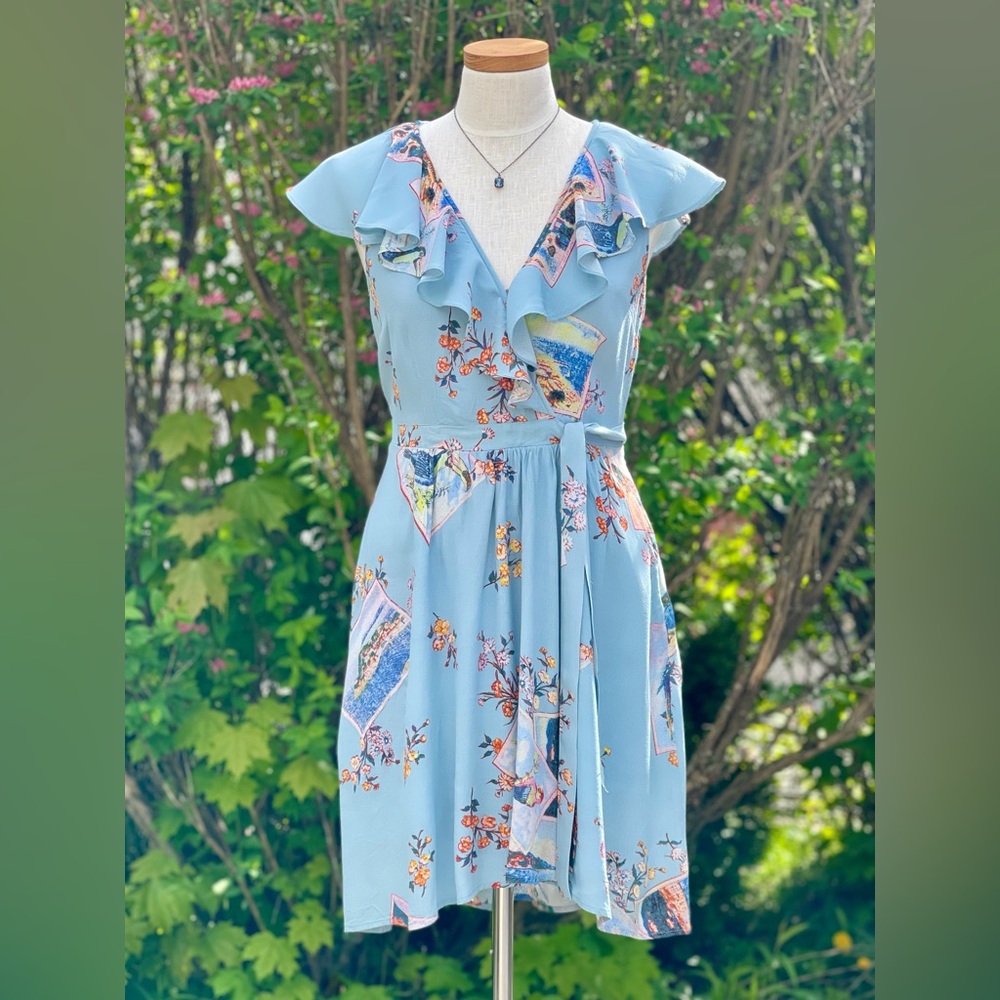 Maeve by Anthropologie, Rosalia wrap dress - Blue, Birds, Souvenir Postcard